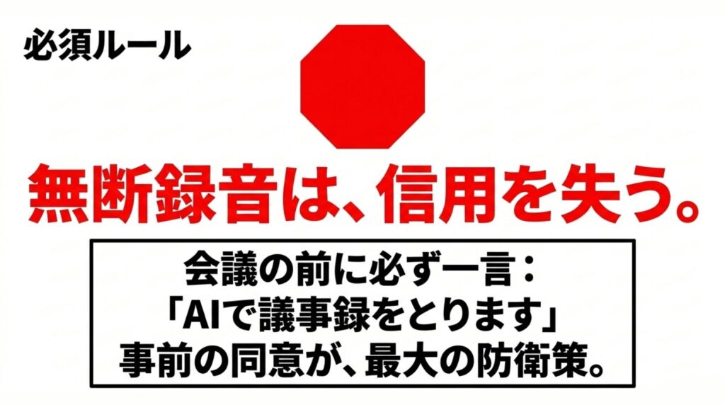 AI議事録ツールを使う前に録音の目的を伝え、事前同意を得ることが最大の防衛策であると示した注意喚起スライド