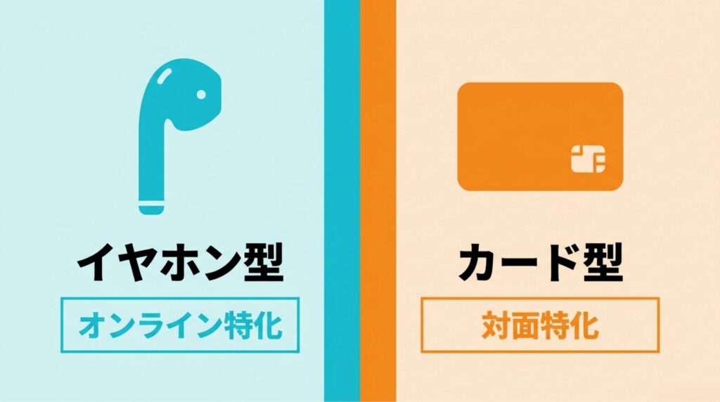 イヤホン型はオンライン特化、カード型は対面特化であることを左右に比較した図