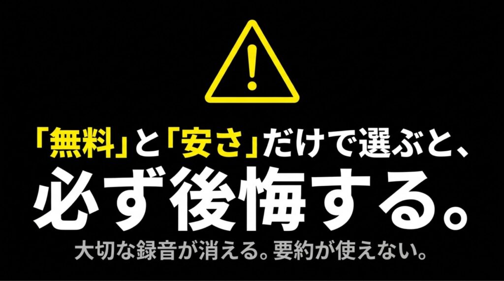 無料や安さだけでAIボイスレコーダーを選ぶと後悔しやすいことを警告するスライド