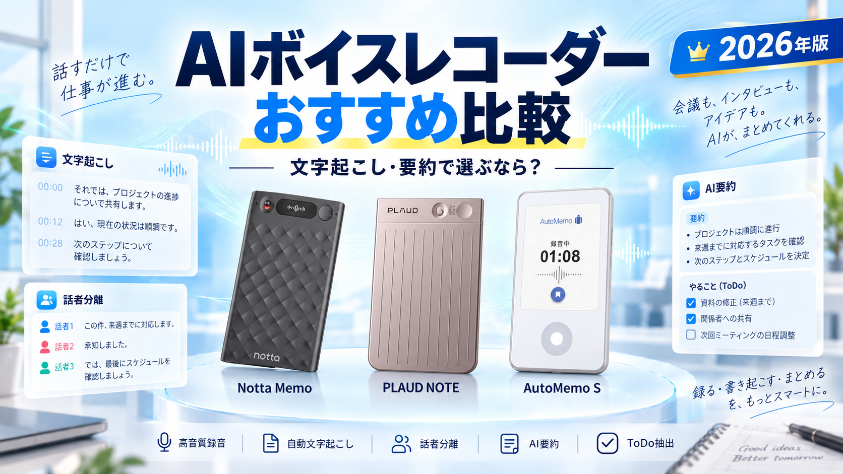 Notta Memo、PLAUD NOTE、AutoMemo Sを並べて文字起こし・話者分離・AI要約機能を比較したAIボイスレコーダーおすすめ比較のアイキャッチ画像