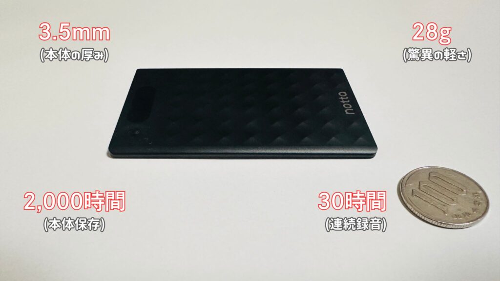 重さ28gの驚異の軽さ 、連続録音30時間 、本体保存2,000時間 という、名刺サイズの圧倒的な記憶力を持つスペックを示すスライドです 。