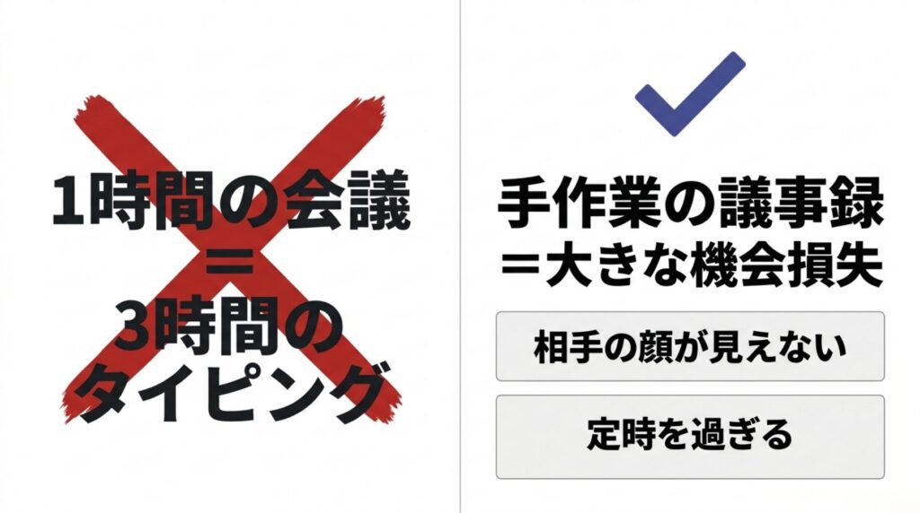 1時間の会議を手作業で議事録化すると、時間ロスや相手の表情を見逃す機会損失につながることを示したスライド