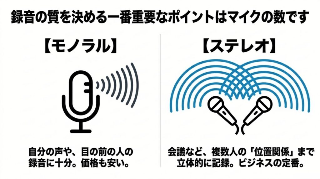モノラルマイクとステレオマイクの録音範囲や向いている用途の違い