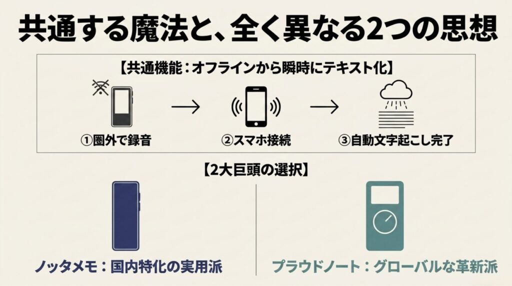Notta Memoは国内特化の実用派、PLAUD NOTEはグローバルな革新派として比較したスライド