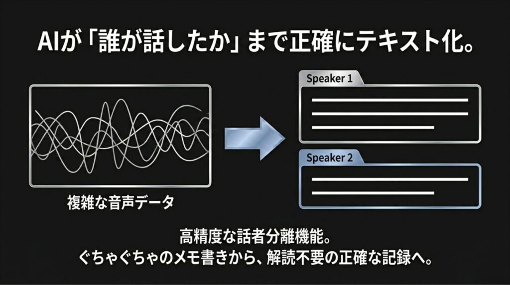 複雑な音声データをSpeaker 1とSpeaker 2に分けてテキスト化する話者分離機能の図