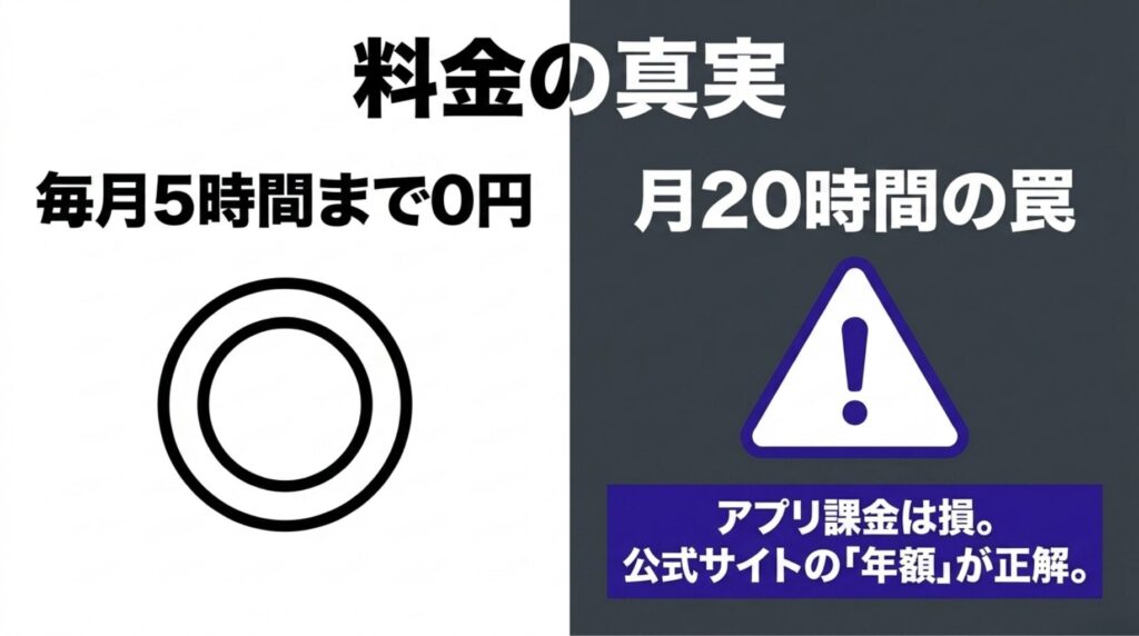 PLAUDは毎月5時間まで無料で使える一方、月20時間利用時はアプリ課金より公式サイト年額プランが有利なことを示したスライド