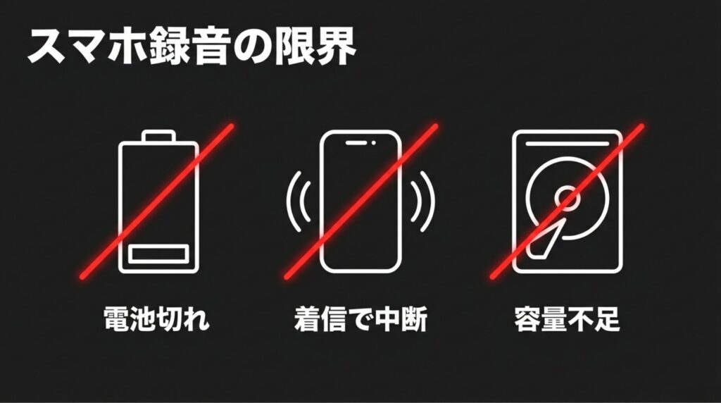 電池切れ 、着信で中断 、容量不足 といったスマホ録音の限界を示すスライドです 。