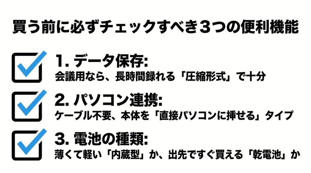 ボイスレコーダー購入前に確認したい保存形式、パソコン連携、電池種類のチェック項目