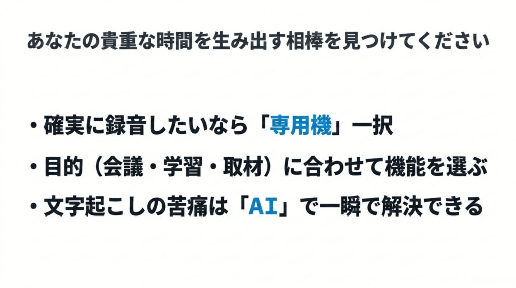 確実な録音は専用機、目的別の機能選び、文字起こしはAI活用が重要というまとめ
