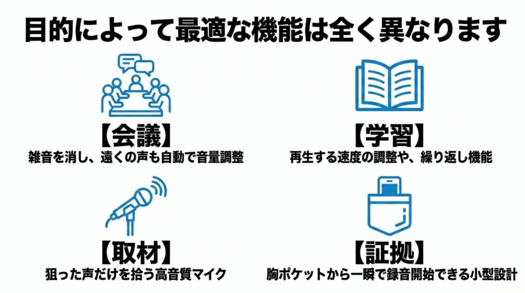 会議、学習、取材、証拠保全で必要なボイスレコーダー機能の違い