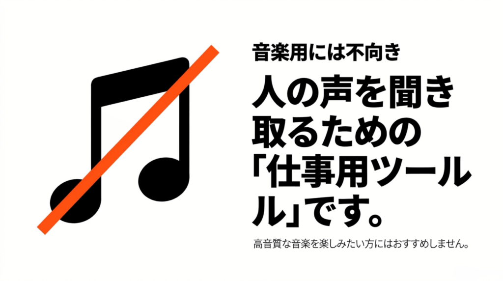 ZENCHORD1は高音質な音楽鑑賞よりも人の声を聞き取る仕事用ツールであることを示すスライド