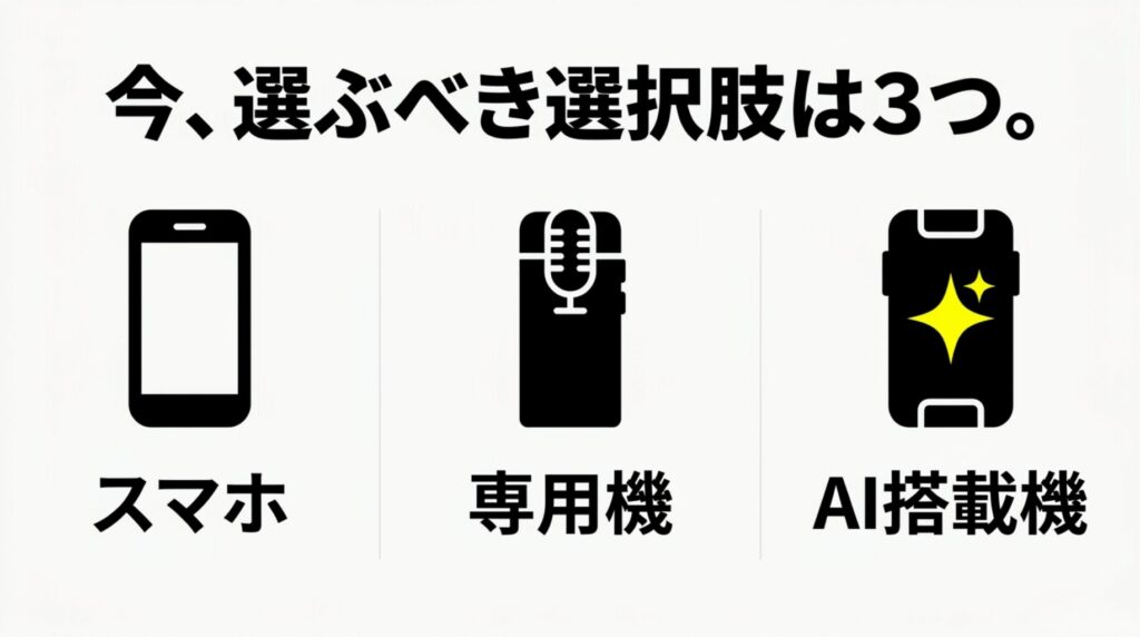 現在の録音機器の選択肢として、スマホ、専用ICレコーダー、AIボイスレコーダーの3種類を示す図