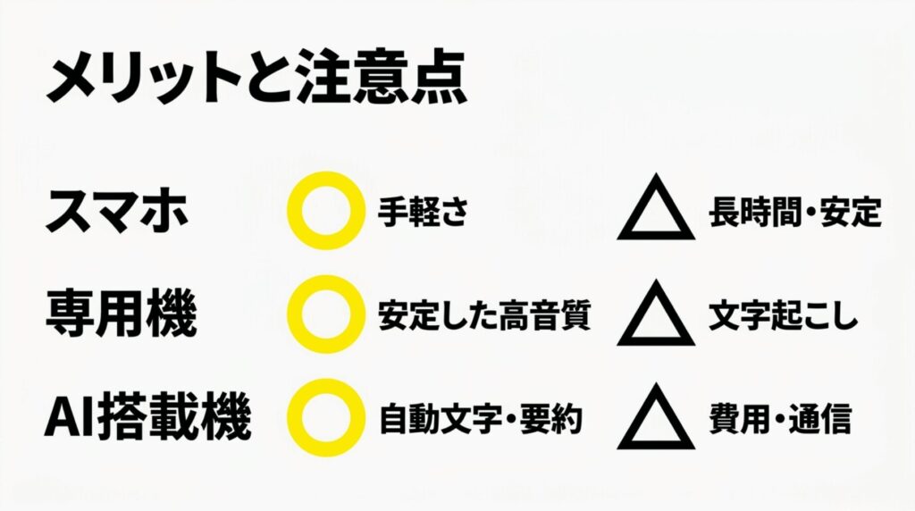 スマホは手軽さ、専用機は安定した高音質、AI搭載機は自動文字起こしと要約が強みである一方、それぞれに注意点があることを示す比較図