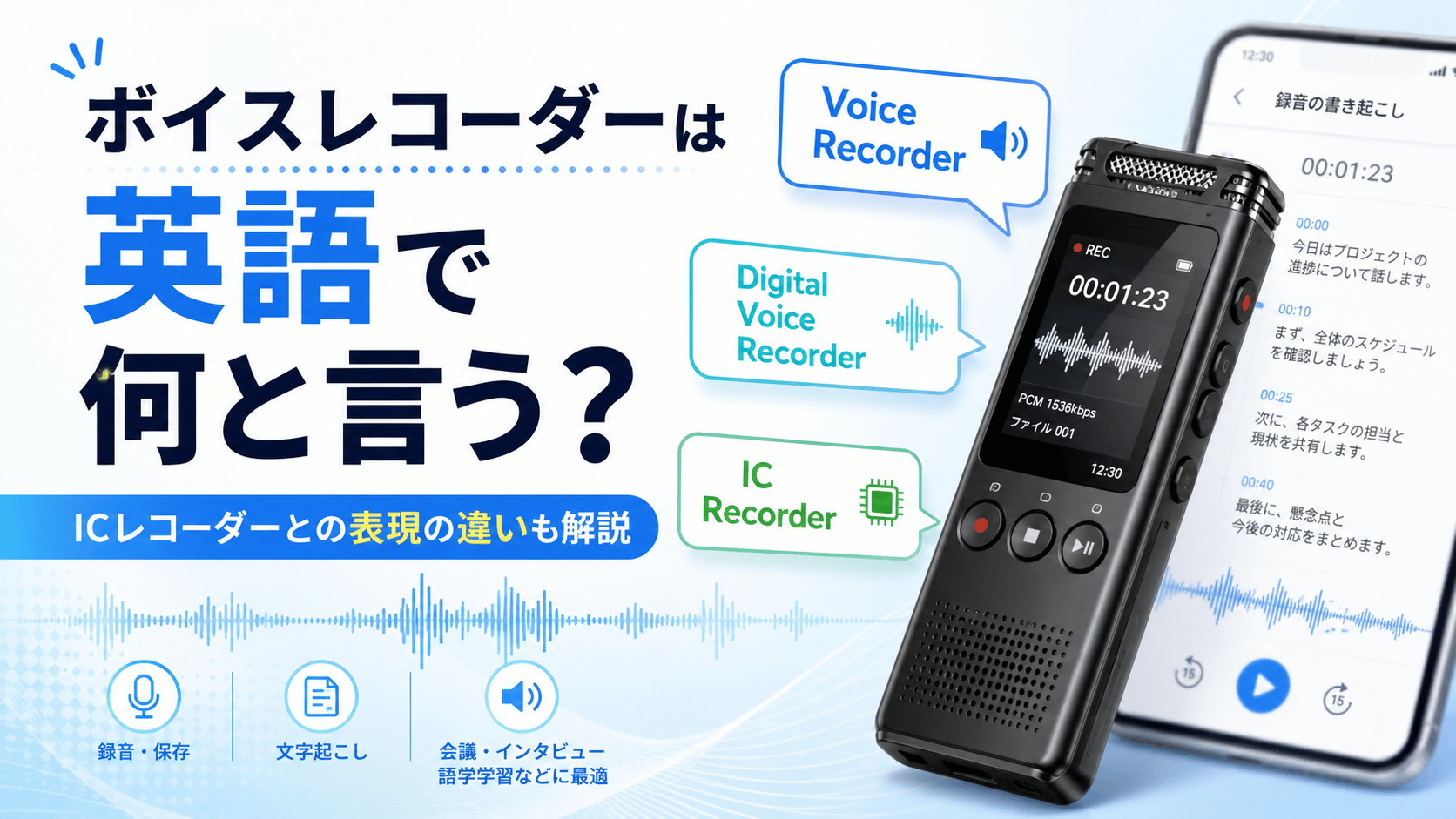 ボイスレコーダーの英語表現「Voice Recorder」「Digital Voice Recorder」「IC Recorder」の違いを解説するイメージ画像