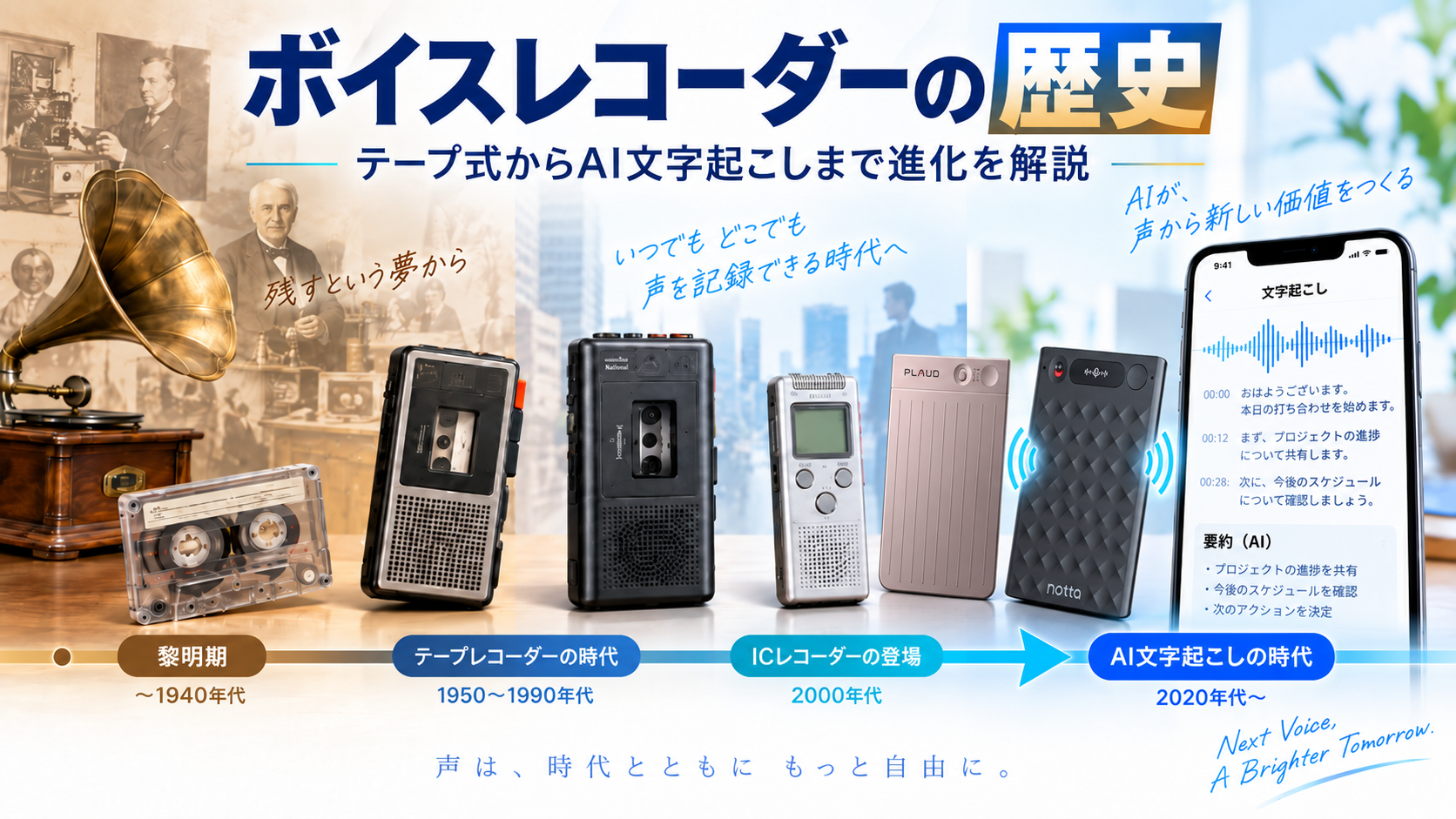 蓄音機やテープレコーダー、ICレコーダー、PLAUD NOTE、Notta Memoを並べてボイスレコーダーの歴史とAI文字起こしへの進化を表した画像