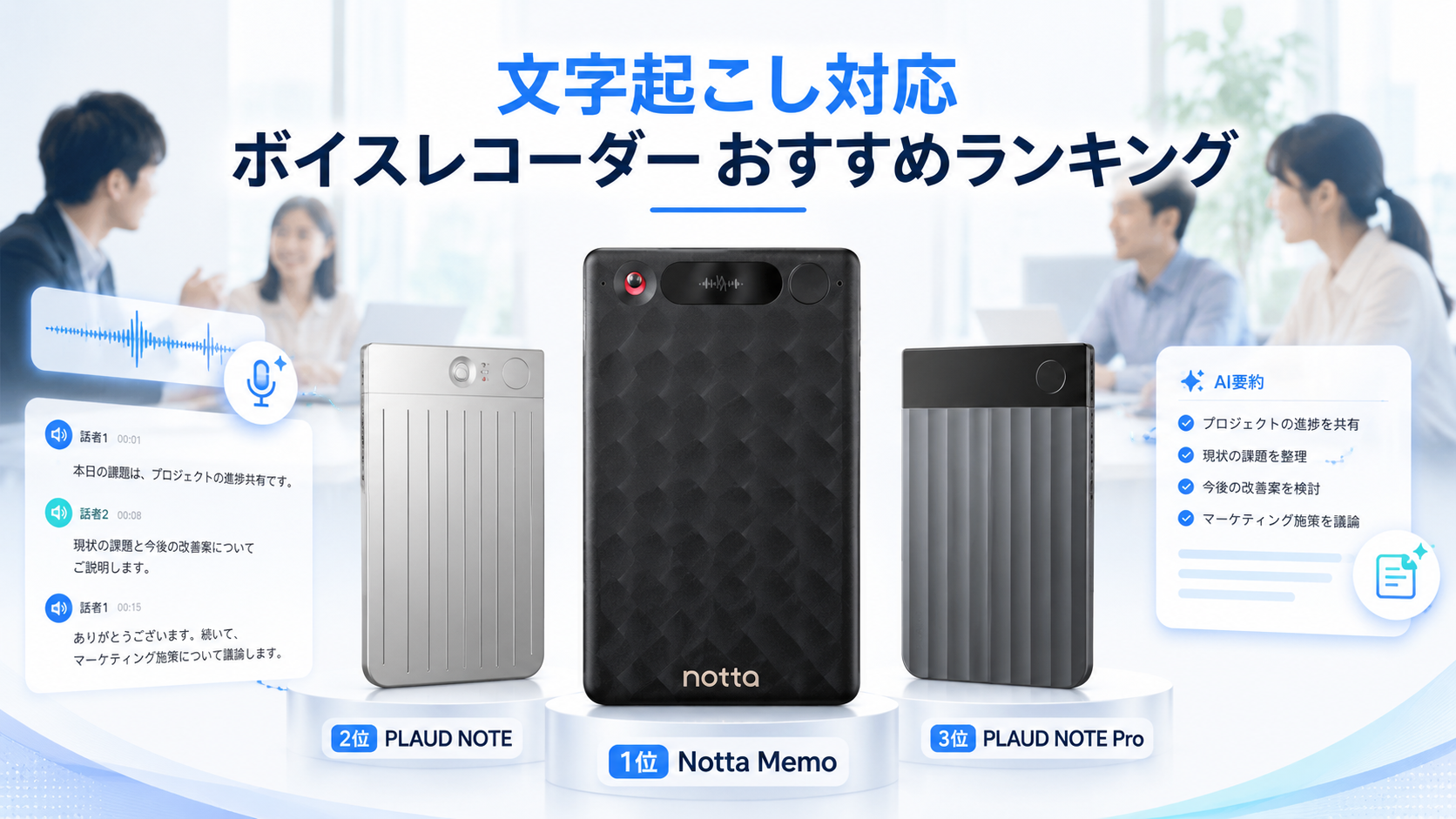 文字起こし対応ボイスレコーダーおすすめランキングでNotta Memo、PLAUD NOTE、PLAUD NOTE Proを比較したイメージ画像