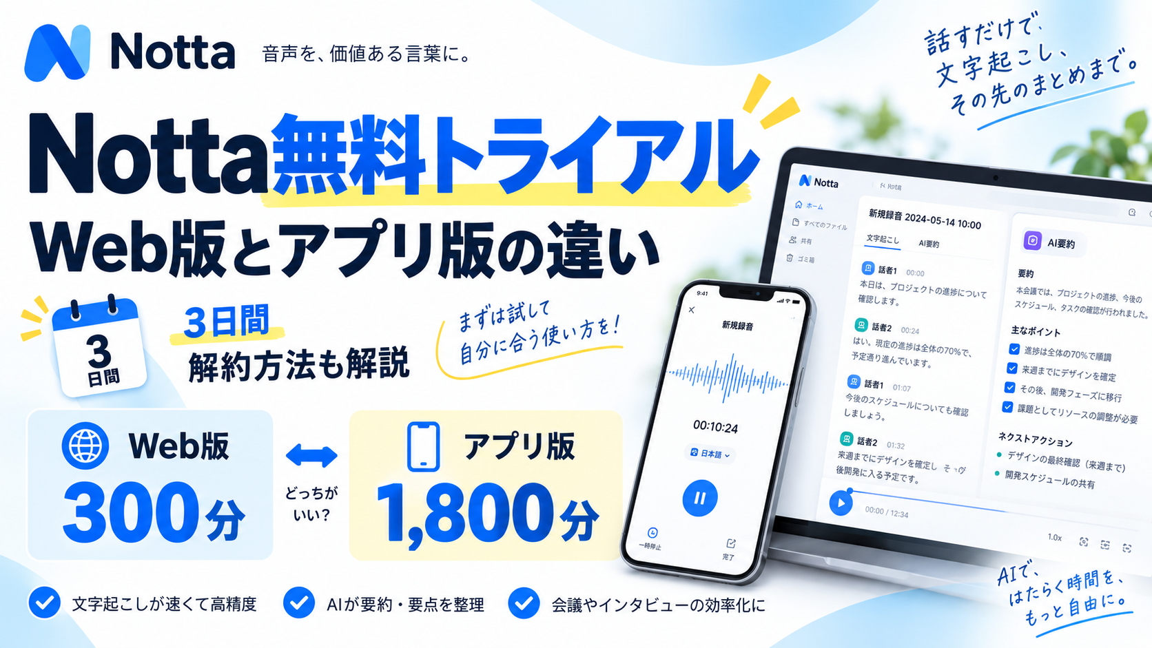 Notta無料トライアルのWeb版300分とアプリ版1,800分の違いや3日間の利用条件を比較したイメージ画像