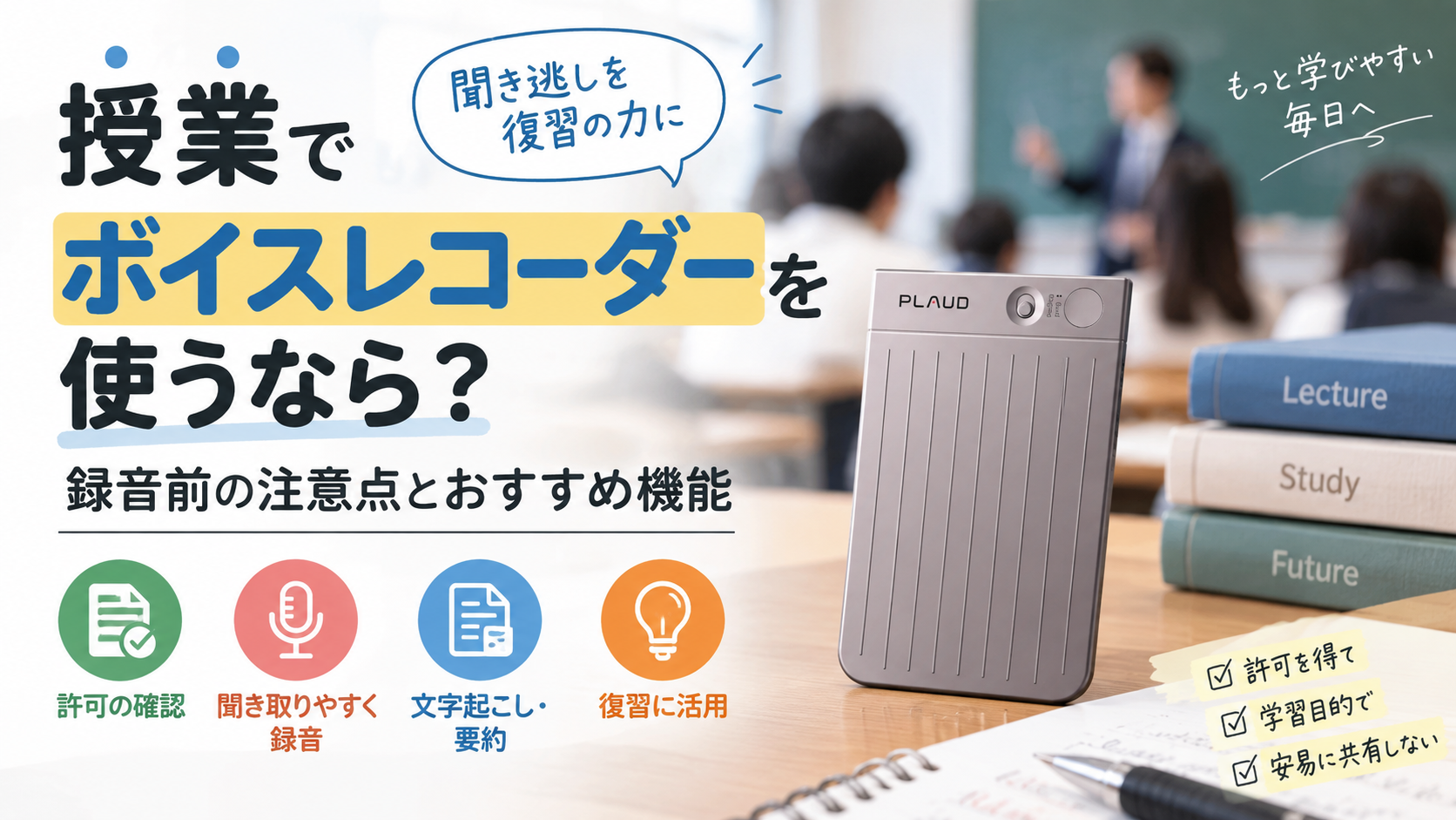 授業でPLAUD NOTEを使って録音する際の許可確認や文字起こし・復習方法を紹介するイメージ
