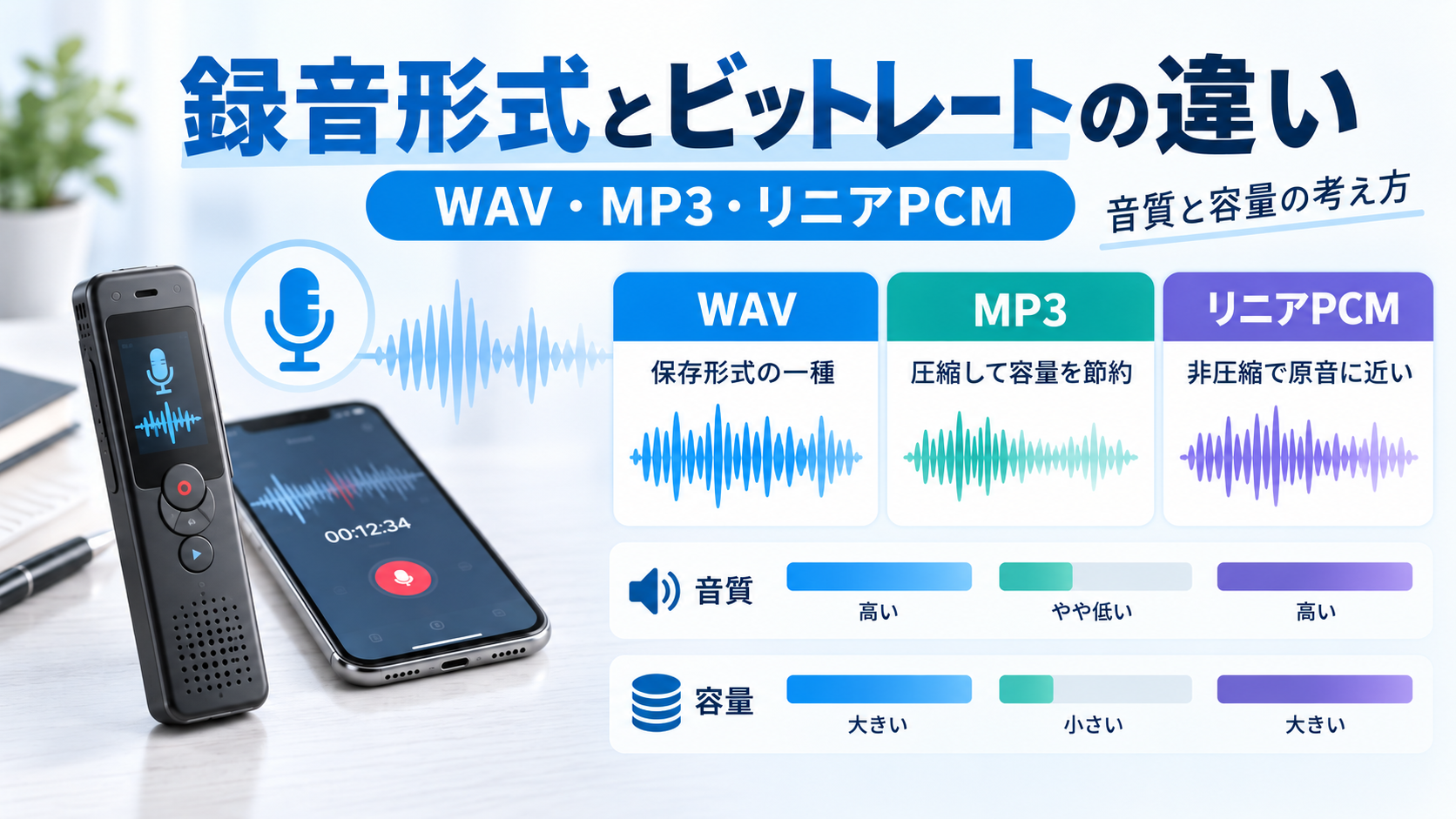 - ボイスレコーダーのWAV・MP3・リニアPCMの録音形式とビットレート、音質と容量の違いを比較した図解 この個性は気に入りましたか？