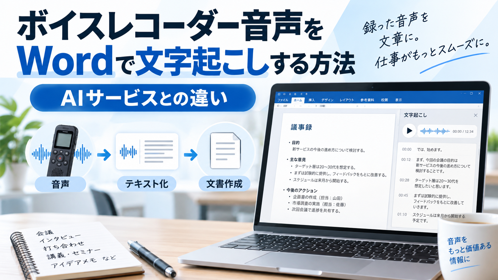 ボイスレコーダーで録音した音声をMicrosoft Wordで文字起こしして文書化する流れを示したイメージ